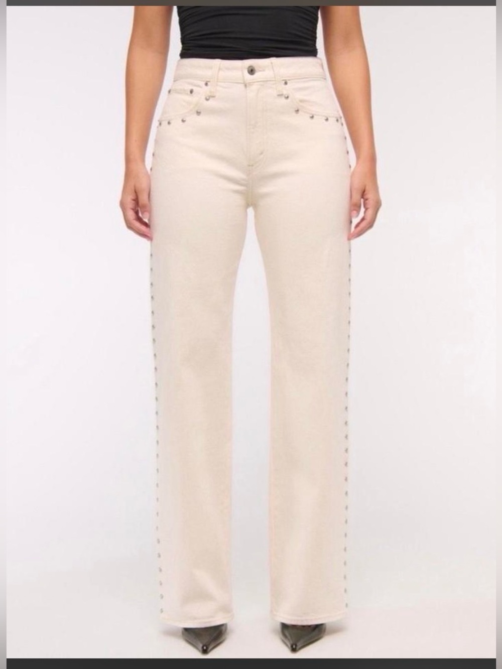 Abercrombie & Fitch Cream Wide-Leg Jeans with Stud Trim